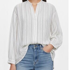 Zara White Metallic Striped Cotton Blend Button Down Flowy Top Large Lightweight